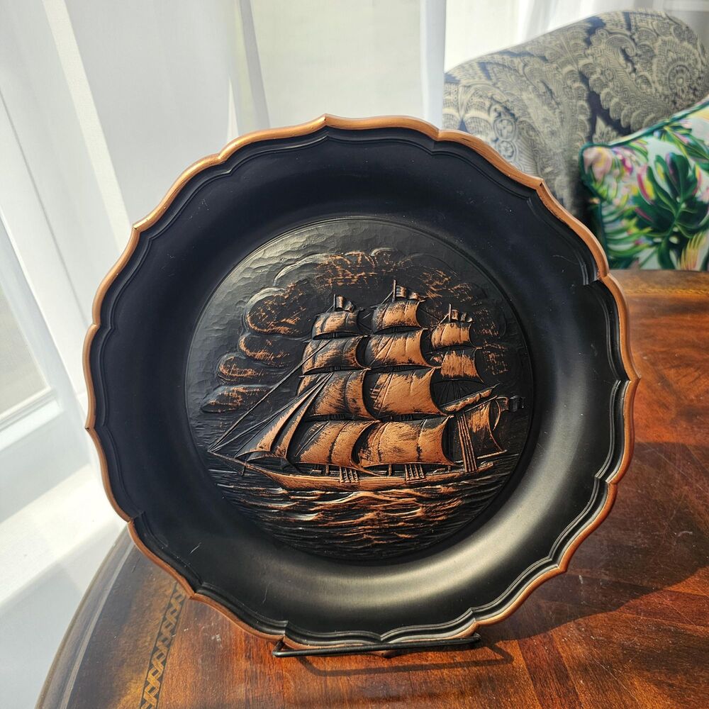 1974 Resin Ship Wall Plaque | MCM Copper Tone Sailing Boat Art